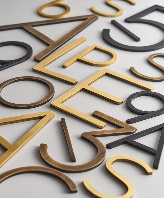 Domik Floating Brass Door Sign: COCO A-J Bold 4-12 Inches Big Letters for Outdoor Elegance - Domik