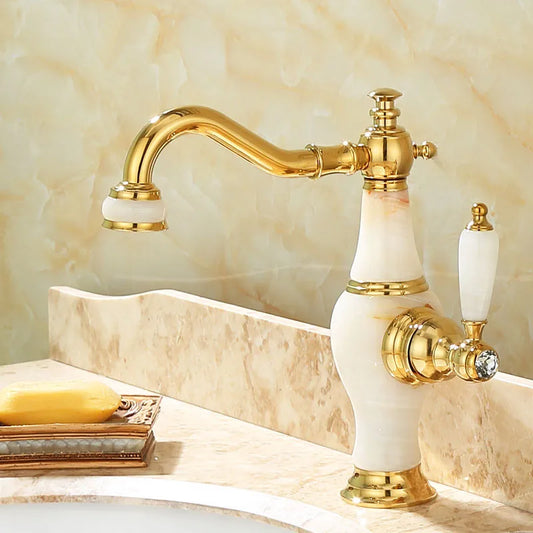 Domik Bathroom Brass & Jade Sink Hot & Cold Single Handle Deck Mounted Gold Finished Faucet